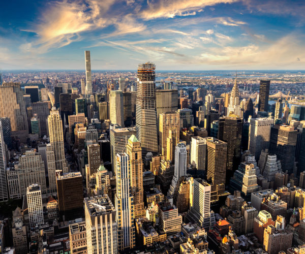 Aerial view of Manhattan at sunset