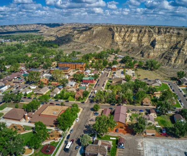 Aerial View of the Tourist Town of Medora, North Dakota outside of Theodore Roosevelt National Park